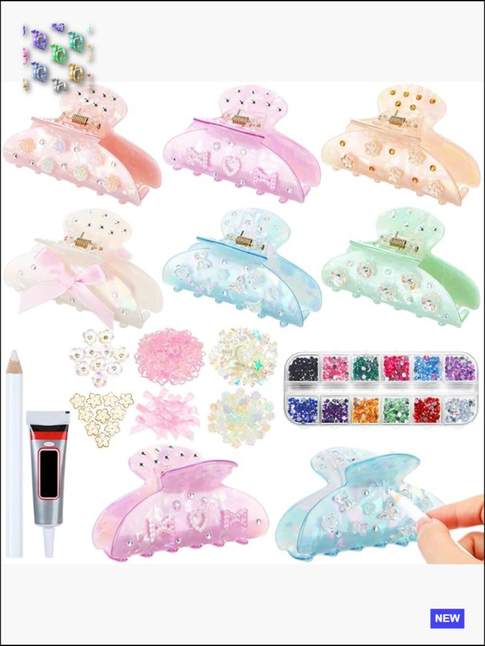 DIY Hair Claw Clip Set - 6 Acrylic Clips with Rhinestones Pearls Bows Craft Kit